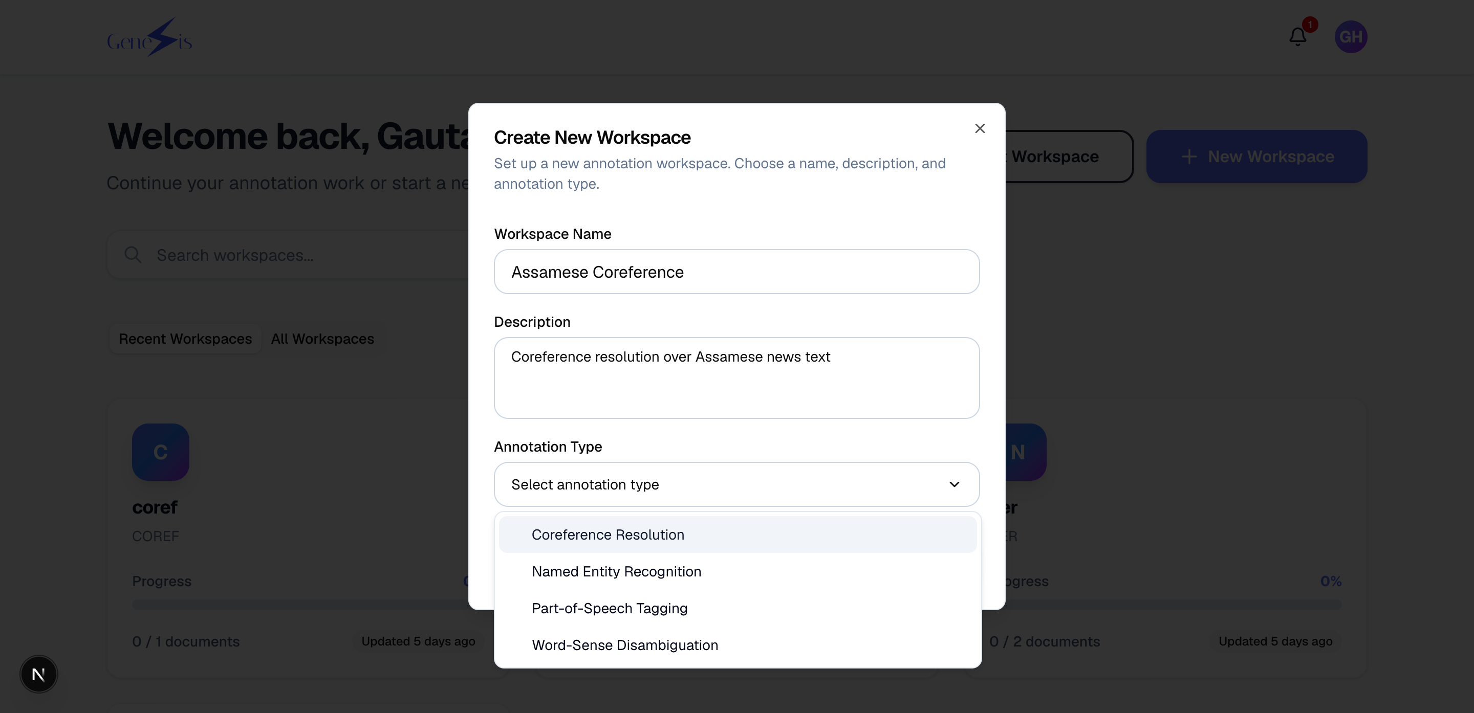 Create workspace dialog