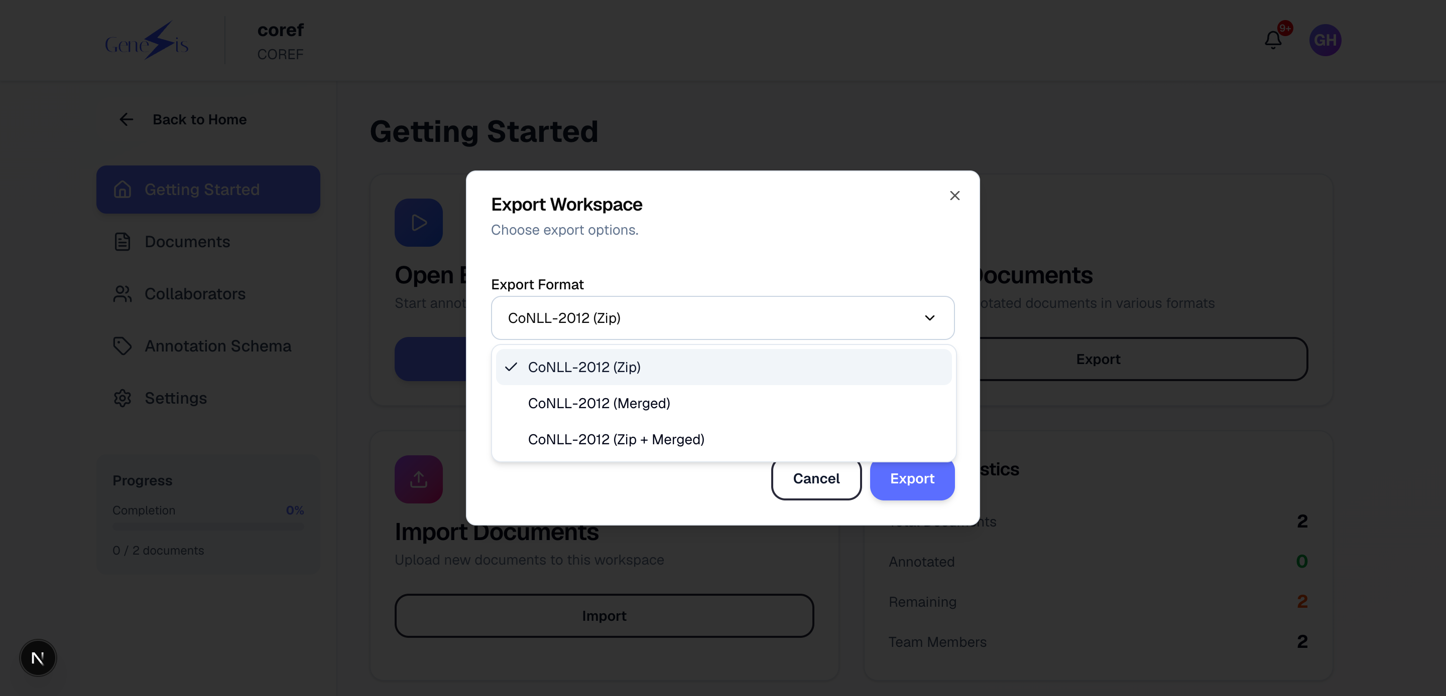 Export dialog